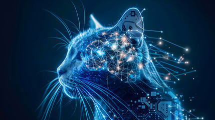 Cat's head with intricate neural connections and circuitry, symbolizing the integration of big data and artificial intelligence.digital brain manifested in the form of a blue feline with a transparent