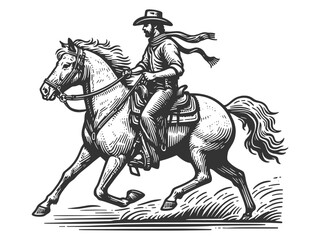 cowboy riding a galloping horse, with detailed hatching and dynamic motion sketch engraving generative ai fictional character vector illustration. Scratch board imitation. Black and white image.