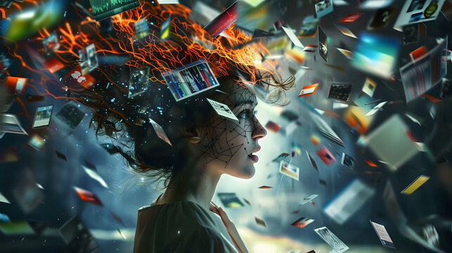 powerful visual metaphor of social media addiction, with a young woman's head bursting open from the pressure of excessive information.information illustrated by a young woman's brain exploding .