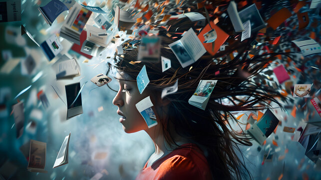 powerful visual metaphor of social media addiction, with a young woman's head bursting open from the pressure of excessive information.information illustrated by a young woman's brain exploding .