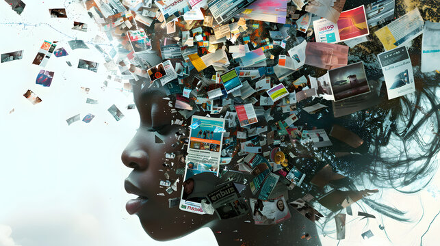 African woman's head bursting with information data, symbolizing the overwhelming effects of media and social media addiction.powerful visual metaphor of social media addiction.