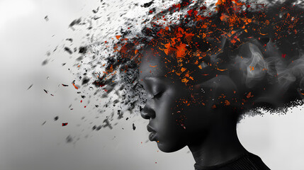 powerful visual metaphor of social media addiction, with a young woman's head bursting open from the pressure of excessive information.information illustrated by a young woman's brain exploding .