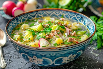 Traditional Okroshka, Summer Cold Soup Made of Diced Cucumbers, Radishes, Spring Onions