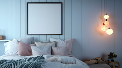 A cozy bedroom with soft lighting and a blank frame on a pastel blue wall for a tranquil setting.