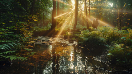 A serene forest scene with sunlight filtering through the trees, creating gentle rays of light on a small stream flowing past moss-covered rocks and lush greenery.