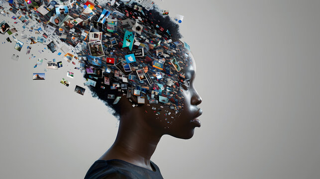 powerful visual metaphor of social media addiction, with a young woman's head bursting open from the pressure of excessive information.information illustrated by a young woman's brain exploding .