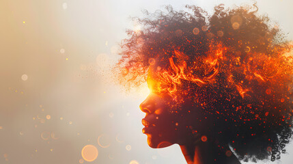 African woman's head bursting with information data, symbolizing the overwhelming effects of media and social media addiction.powerful visual metaphor of social media addiction.