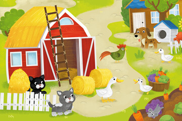 Naklejka premium cartoon summer scene with farm ranch enclosure backyard garden and happy animals barn chicken coop or pigsty illustration for children