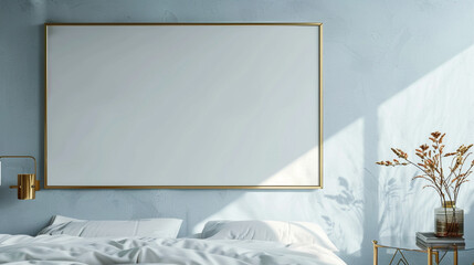 A cozy bedroom with a large blank frame mockup on a light blue wall, simple and elegant.