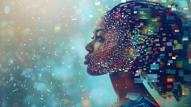 powerful visual metaphor of social media addiction, with a young woman's head bursting open from the pressure of excessive information.information illustrated by a young woman's brain exploding .