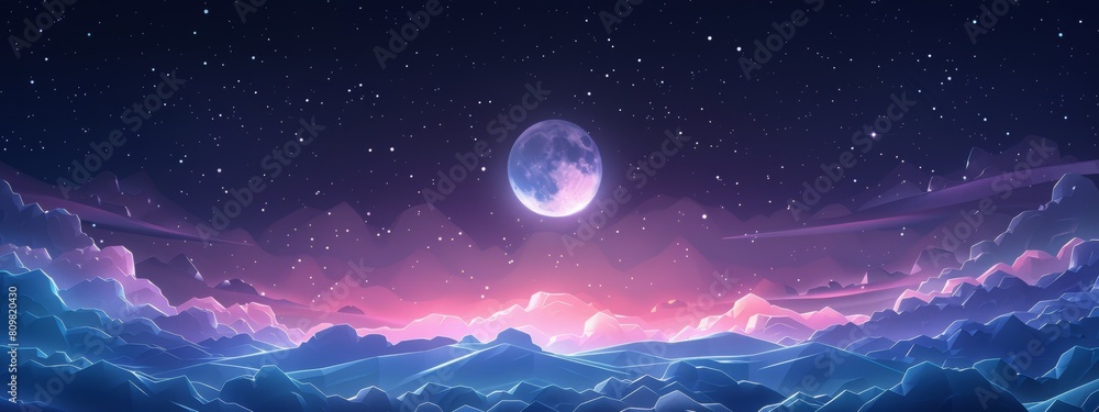 Poster geometric low poly moon and stars in the night sky.