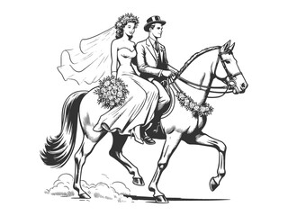 bride and groom in traditional wedding attire riding a horse romantic moment sketch engraving generative ai fictional character vector illustration. Scratch board imitation. Black and white image.