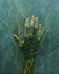 An organisms hand emerges from underwater, surrounded by aquatic plants and grass. The scene could be a captivating artwork inspired by marine biology