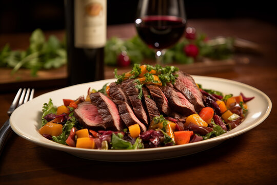 Straccetti Di Manzo Traditional Italian Warm salad with sliced fried beef, tomatoes, celery, red onion, lettuce leaf, olives decorated parmesan, olive oil and balsamic vinegar