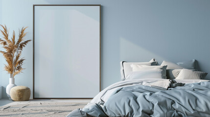 A minimal bedroom with a single large blank frame on a light blue wall, clean and modern.