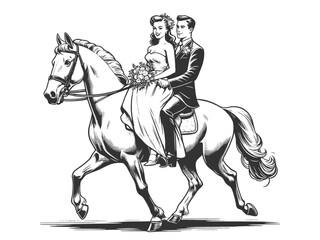 Fototapeta premium bride and groom in traditional wedding attire riding a horse romantic moment sketch engraving generative ai fictional character vector illustration. Scratch board imitation. Black and white image.