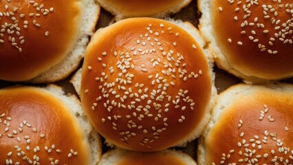 Top view shot of a hamburger bread bun. The freshly baked, golden brown color and a sprinkling of sesame seeds on top