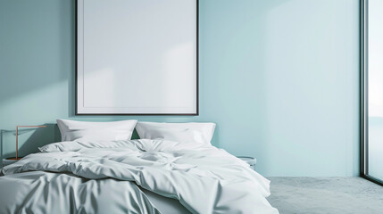 A sleek, modern bedroom with a king-size bed and a blank frame on a pastel blue wall.