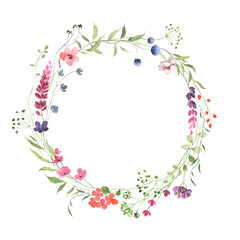 Wreath with abstract delicate wildflowers and green plants. Hand drawn isolated floral frame for invitation or greeting cards, colorful illustration for your text, message or photo.