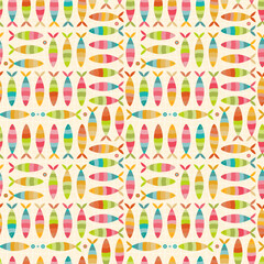 Seamless vector of small fish silhouettes, set against a neutral beige background. It features vibrant, jelly-inspired colors in a strict composition, creating a visually stunning and hypnotic design