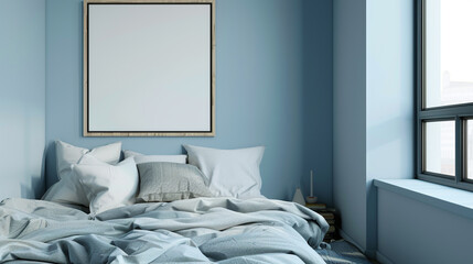 A small urban bedroom with efficient space use and a blank frame on a light blue wall.