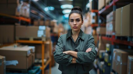 female warehouse worker among shipping boxes, woman working in logistics distribution center