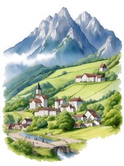 Liechtenstein Country Landscape Watercolor Illustration Art