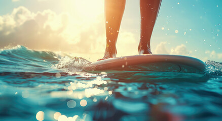 Close up of a woman's legs on a paddleboard in the ocean, a closeup view of someone standup...