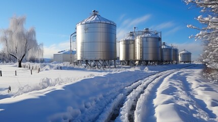 Obraz premium Winter Scene of Agricultural Silos Amidst Snow-Covered Landscape Under Clear Blue Sky