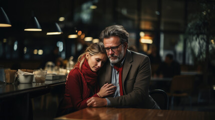 Senior Man Comforting Upset Young Woman in a Dimly Lit Cafe - Powered by Adobe