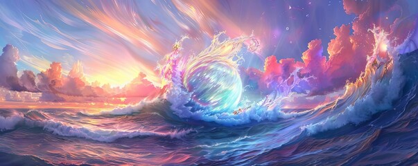 A mythical pearl plunging into the ocean, unleashing a burst of luminescent, colorful waves under the summer sky