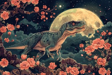 Graceful, hand drawn Trex among vibrant Sakura, vintage Japanese style, night scene with a bright moon, beautifully colored