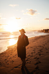 Coastal tranquility man walks along shore at dusk.