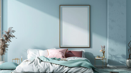 Contemporary bedroom with a large empty frame mockup on a pastel blue wall.