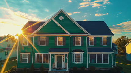 A drone's perspective showcases the majestic emerald green house, with siding and shutters, dominating the suburban landscape, its charm illuminated by the golden rays of the sun against the blue sky.