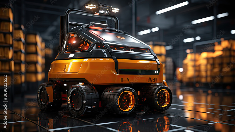 Poster futuristic autonomous delivery robot in a high-tech warehouse environment
