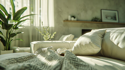 Modern Bedroom with Cozy White Bedding and Soft Cushions, Bright Morning Light and Stylish Wooden Furniture