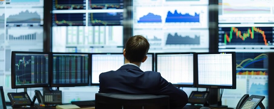 In a private equity firms monitoring room, analysts examine detailed forecasts of industry growth and potential income returns from investments