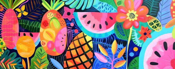 A vibrant nursery mural featuring abstract patterns of summer fruits like watermelons and pineapples in bright, playful colors