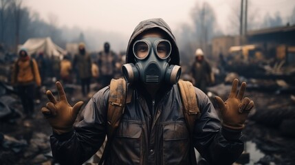 Man in Gas Mask and Overalls Gesturing Peace in Post-Apocalyptic Setting