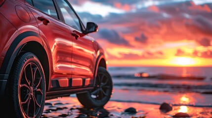 car luxury SUV parked  on the beach with beautiful vibrant red sunset sky, summer road trip travel...