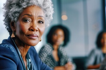 senior business woman in her 50s leading meeting in a conference room, mature african american...