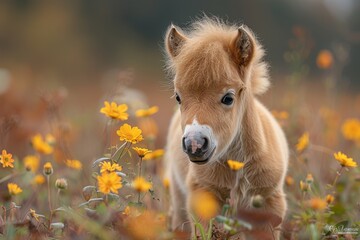 A charming brown pony stands amidst vibrant yellow wildflowers, creating a serene scene of nature and wildlife