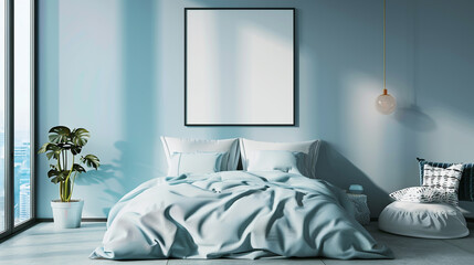 Modern bedroom with a sleek blank wall frame on a calming light blue wall.