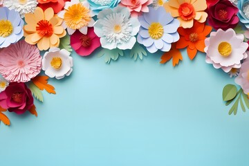 Colorful handmade papercut flowers on light blue background, generative ai