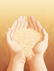 A symbol of harvest: a white rice illustration in hand