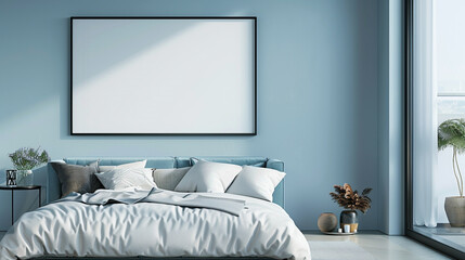 Modern bedroom with a sleek blank wall frame on a calming light blue wall.