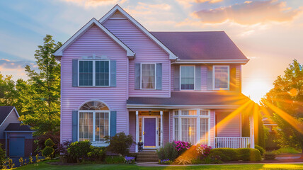 A dreamy lilac-colored house with siding and shutters exudes a romantic charm against the backdrop of the suburban scenery, bathed in the golden light of the sun.