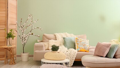 Modern living room interior design mint colour