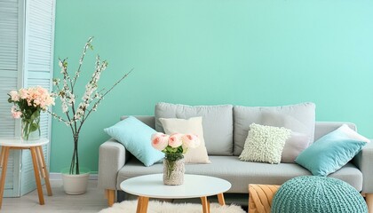 Modern living room interior design mint colour